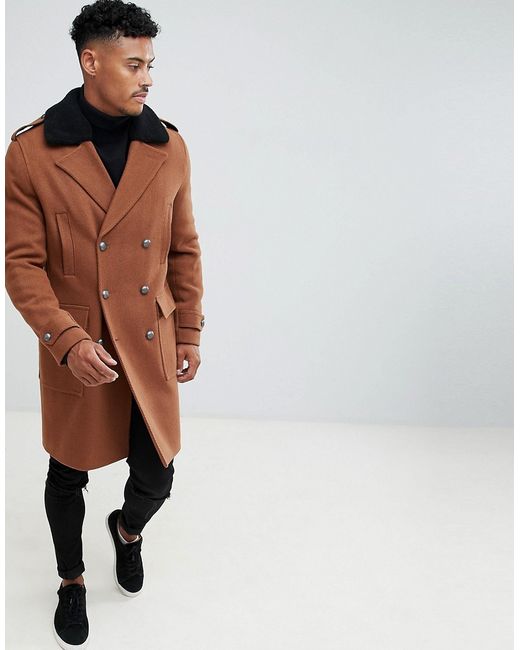Asos Design wool mix trench coat with fleece collar in tobacco