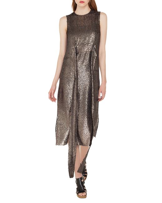 Akris Sleeveless Self-Belt A-Line Metallic Silk Deacutevoreacute Cocktail Dress