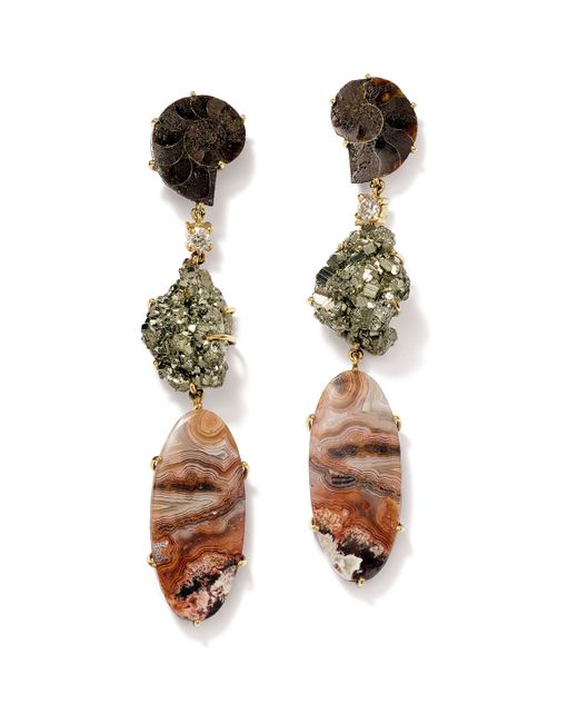 Jan Leslie 18K Bespoke Tribal Luxury 3-Tier Earring with Ammonite Pyrite Crazy Lace