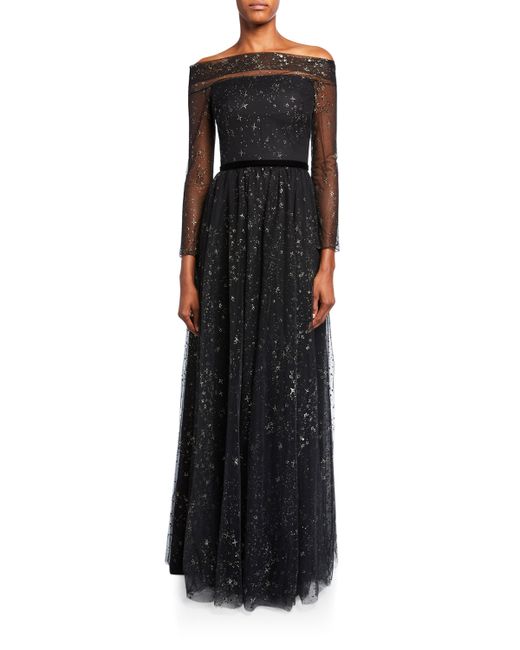 Marchesa Notte Glitter Tulle Off-the-Shoulder Gown with Ribbon Waist Trim