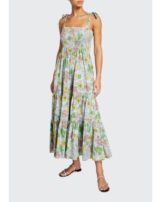 Tory Burch Floral-Print Tie-Shoulder Tiered Maxi Dress