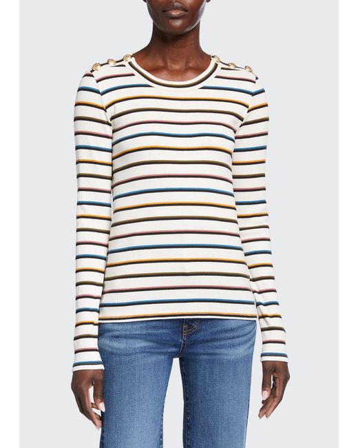 Veronica Beard Jeans Mayer Striped Long-Sleeve Top with Buttons