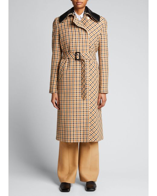 Wales Bonner Multi-Check Belted Trench Coat w Leather Collar