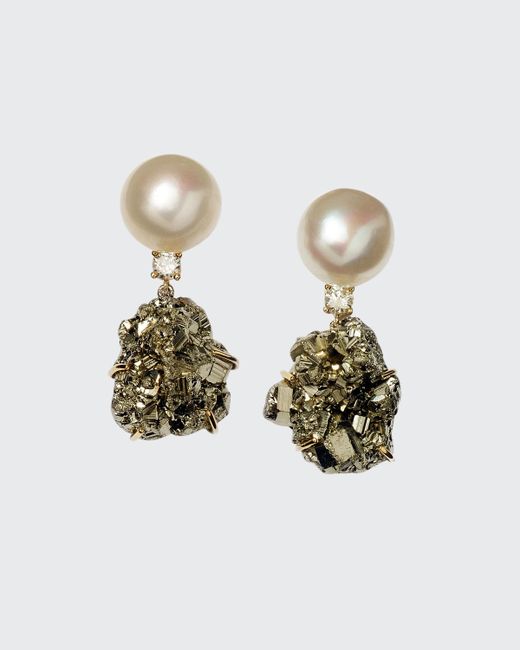 Jan Leslie 18k Bespoke One-of-a-Kind Luxury 2-Tier Earring with Pearl Pyrite and Diamond