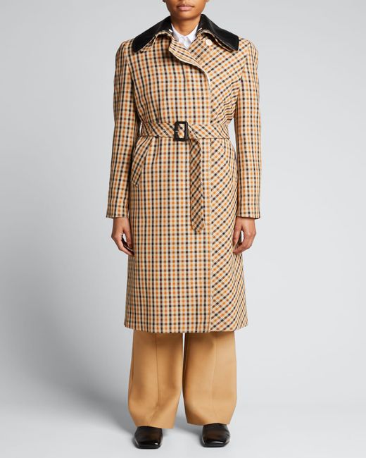 Wales Bonner Multi-Check Belted Trench Coat w Leather Collar
