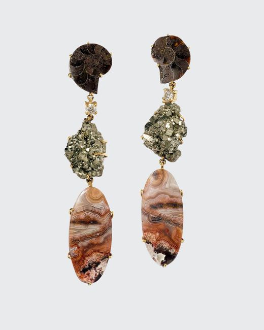 Jan Leslie 18K Bespoke One-of-a-Kind Luxury 3-Tier Earring with Ammonite Pyrite Crazy Lace Agate and Diamond
