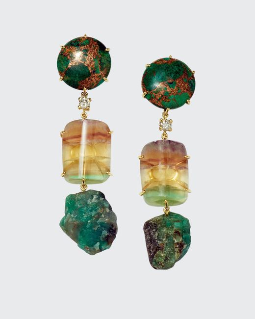 Jan Leslie 18k Bespoke One-of-a-Kind Luxury 3-Tier Earring with Copper Azurite Fluorite Raw Emerald and Diamond