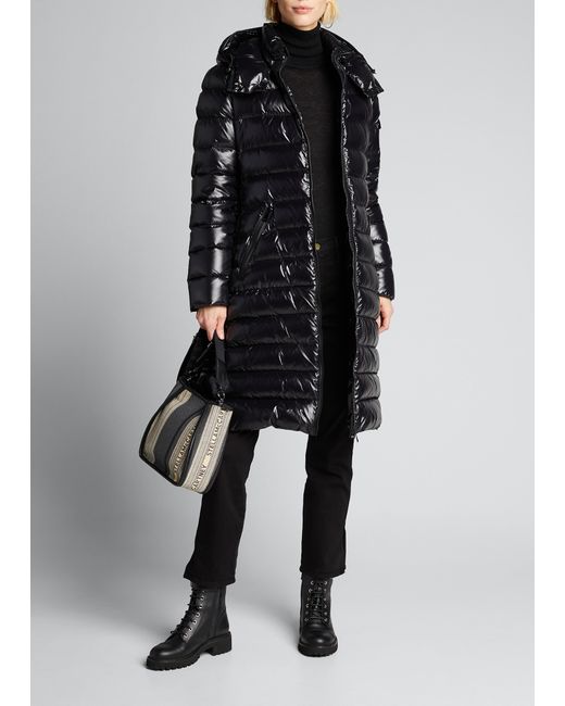 Moncler Moka Shiny Fitted Puffer Coat with Hood