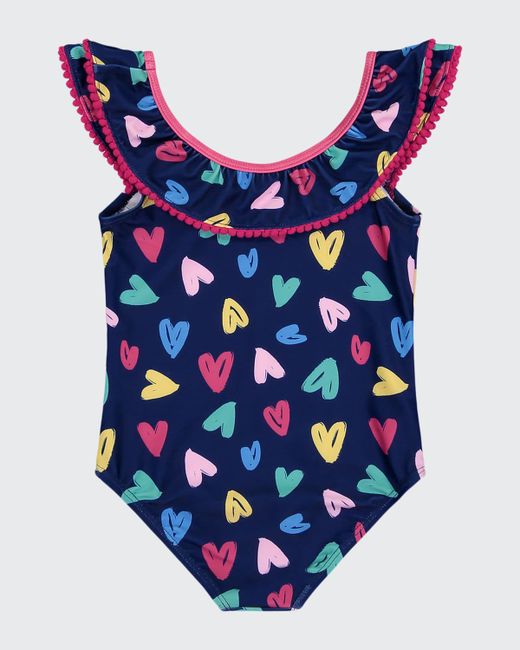 Andy & Evan Girls Heart-Print Pompom One-Piece Swimsuit 2-6X