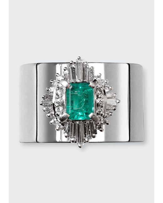 Yutai Revive Ring with Emerald and Diamonds on 12.5mm Thick Plate Band