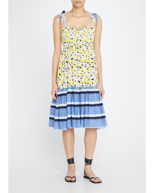 Tanya Taylor Leandra Mixed-Print Smocked Midi Dress