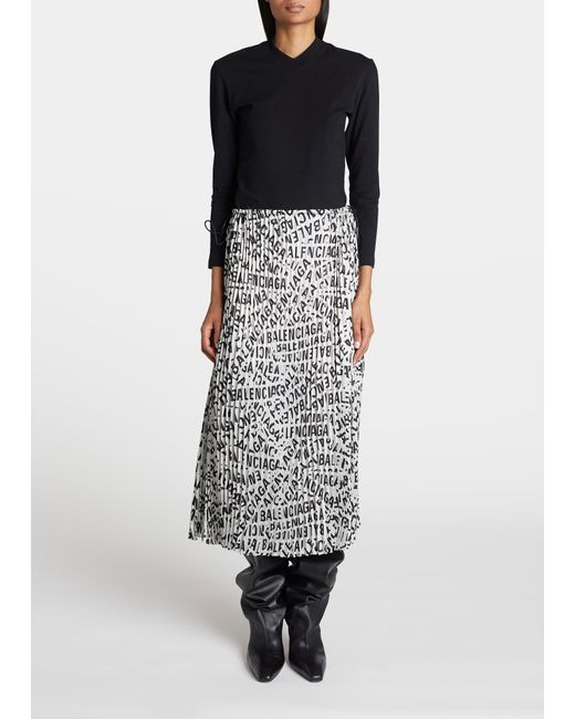 Balenciaga Logo Strips Print Pleated Midi Skirt