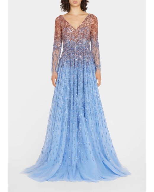Pamella Roland Ombre Embroidered Evening Gown