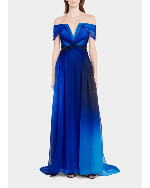 Pamella Roland Twisted Off-The-Shoulder Ombre Chiffon Gown