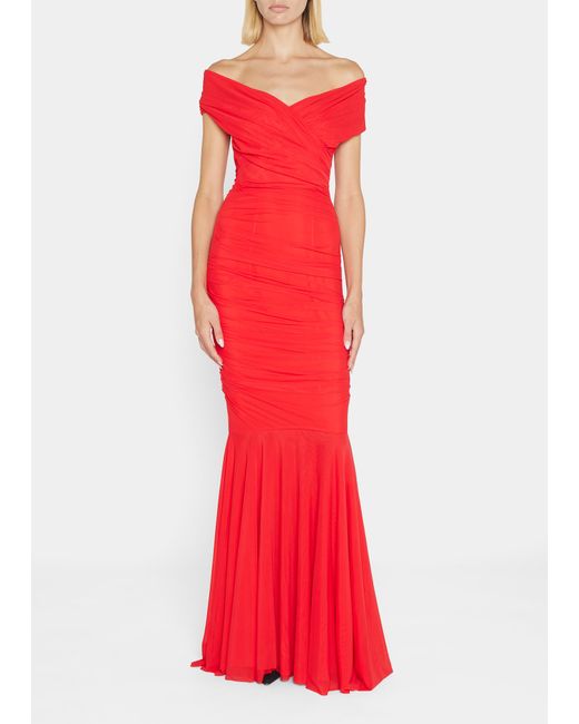 Talbot Runhof Off-the-Shoulder Stretch Tulle Mermaid Gown