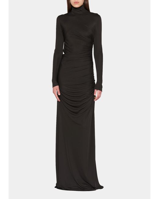 Bottega Veneta Ruched High-Neck Jersey Gown with Knot Detail
