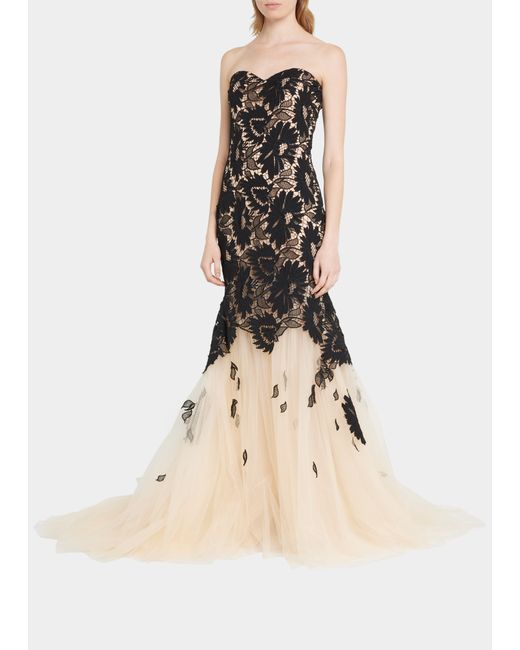 Pamella Roland Strapless Floral Lace Tulle Trumpet Gown