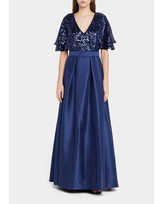 Badgley Mischka Collection Flutter-Sleeve Pleated Sequin Gown