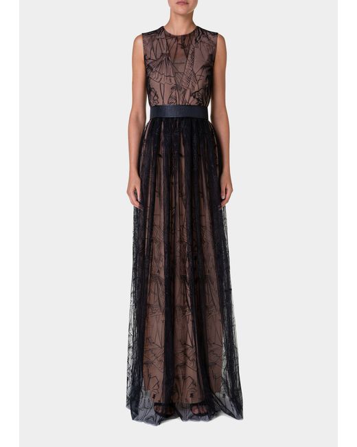 Akris Belted Tulle Gown w Croquis Embroidered Details