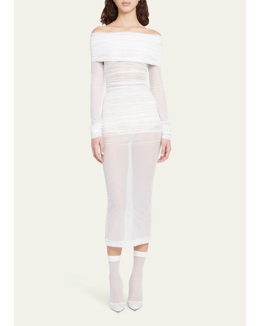 Dolce & Gabbana Sheer Tulle Off-Shoulder Ruched Midi Dress