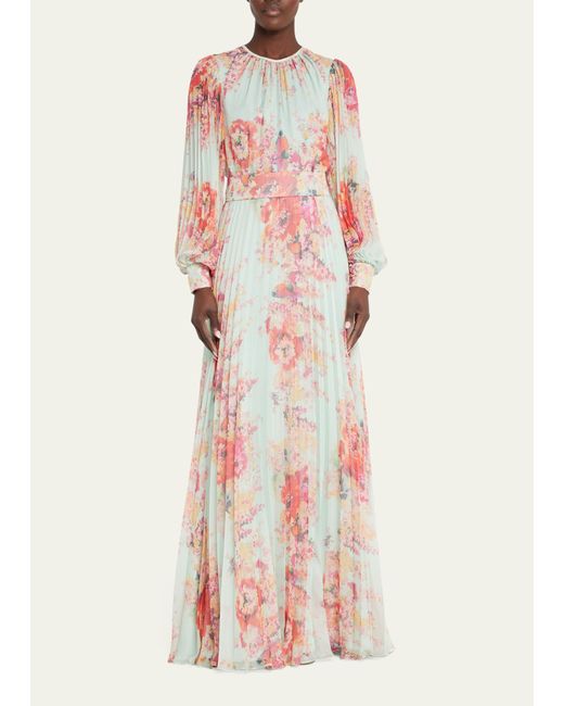 Rickie Freeman for Teri Jon Pleated Floral-Print Blouson-Sleeve Gown