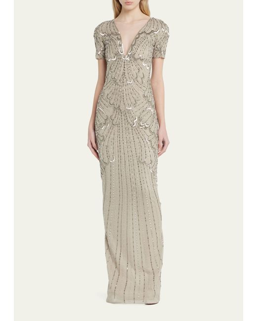 Pamella Roland Bead-Embellished Tulle Column Gown