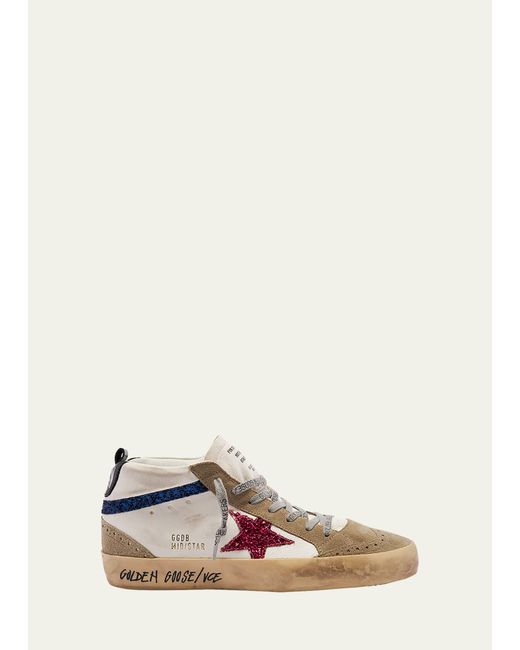 Golden Goose Mid Star Leather Glitter Wing-Tip Sneakers