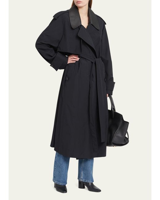Ferragamo Tech Faille Trench Coat with Leather Collar