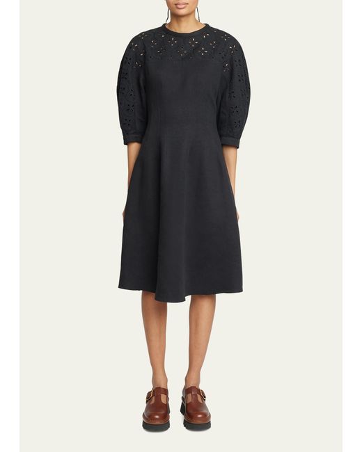 Chloé Linen Midi Dress with Eyelet Embroidery
