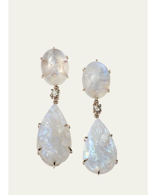 Jan Leslie 18k Bespoke 2-Tier One-of-a-Kind Luxury Earring with Moonstone Cabochon Raw and Diamond