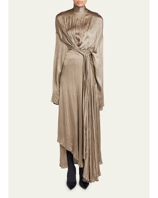 Balenciaga Front Drape BB Scarf-Neck Silk Dress