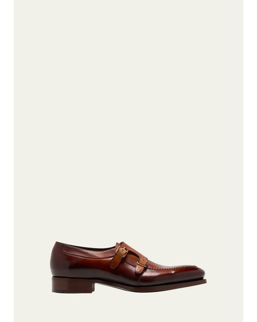 Santoni Patina Leather Double Monk Loafers