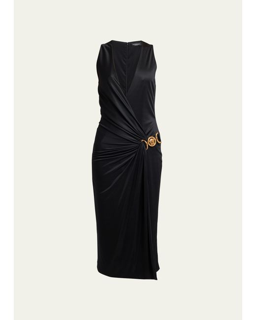 Versace Wrap-Front Jersey Midi Dress with Medusa Detail