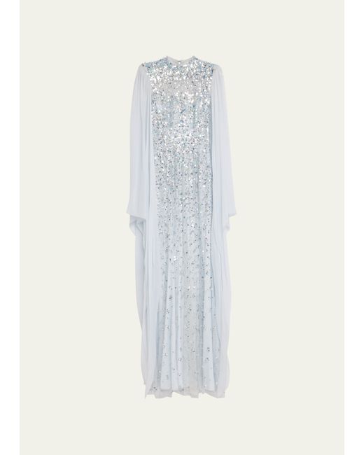 Jenny Packham Rita Bead-Embellished Gown with Cape-Sleeves