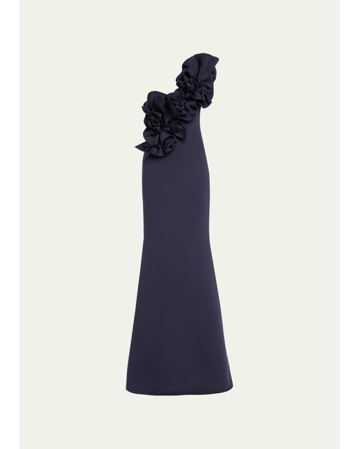 Badgley Mischka Collection One-Shoulder Rosette Scuba Gown