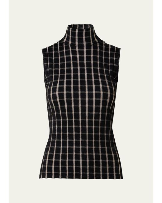 Akris Structured Check Jacquard Mock-Neck Wool Top