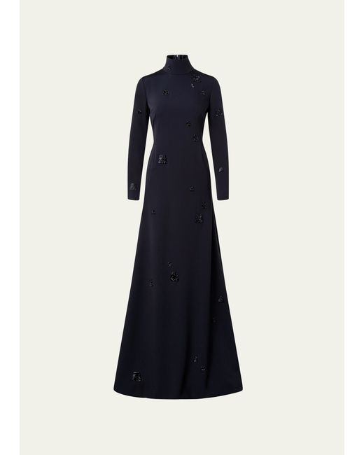 Akris Embellished Long-Sleeve Godet-Back Gown