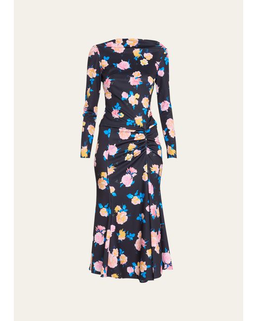 Monique Lhuillier Floral-Print Long-Sleeve Midi Dress With Side Drape