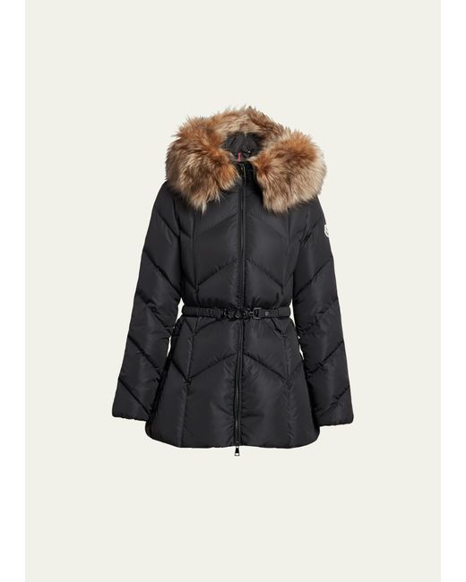 Moncler Loriot Belted Puffer Jacket with Faux Fur Ruff