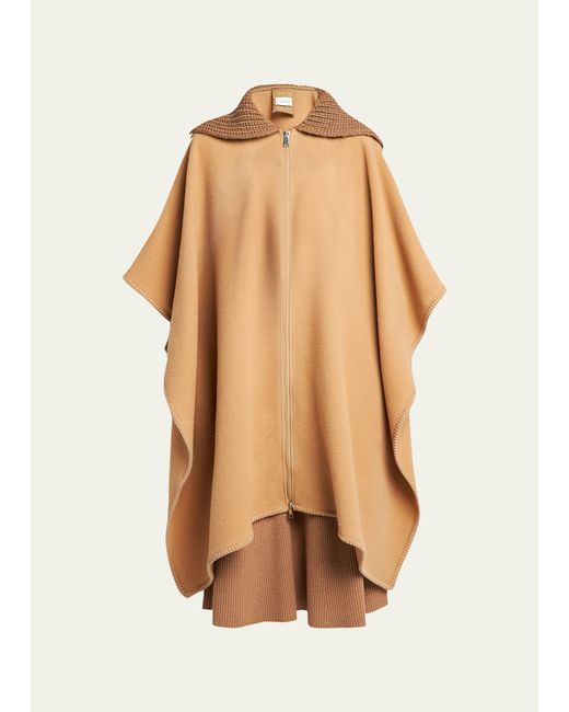 Moncler Wool Long Cape with Knit Collar