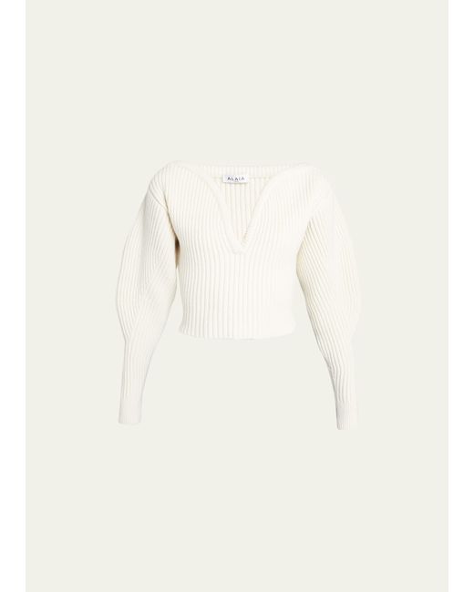 Alaïa Ribbed Sweetheart-Neck Wool-Cashmere Sweater