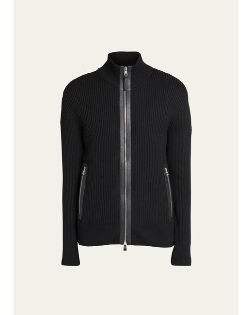 Moncler Ribbed Cardigan with Leather Trim