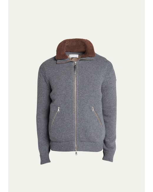Moncler Cashmere Zip-Front Cardigan With Shearling Collar