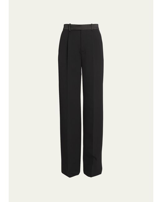 Saint Laurent Pleated Wide-Leg Trousers with Satin Waistband