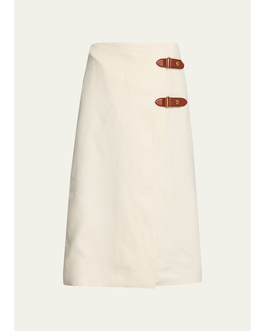 Loro Piana Structured Linen Midi Skirt with Leather Belted Detail