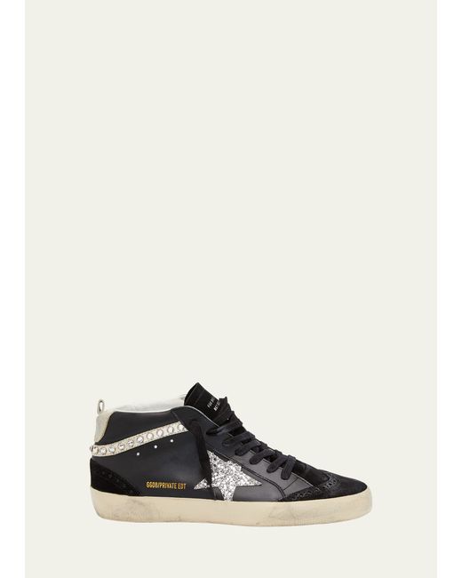 Golden Goose Mid Star Leather Crystal Wing-Tip Sneakers