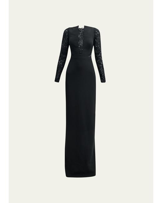 Pamella Roland Crepe Gown with Lace Panels and Sleeves