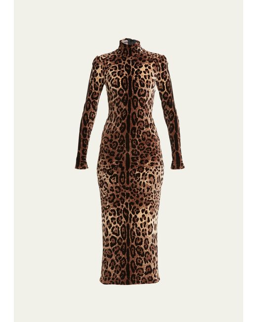 Dolce & Gabbana Leopard Jacquard Chenille High-Neck Midi Dress