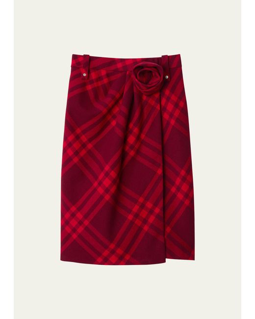 Burberry Check Wool Pencil Skirt with Rosette Detail