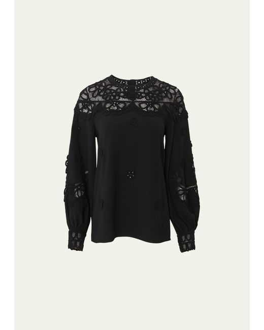 Carolina Herrera Embroidered Puff-Sleeve Top with Lace Panels